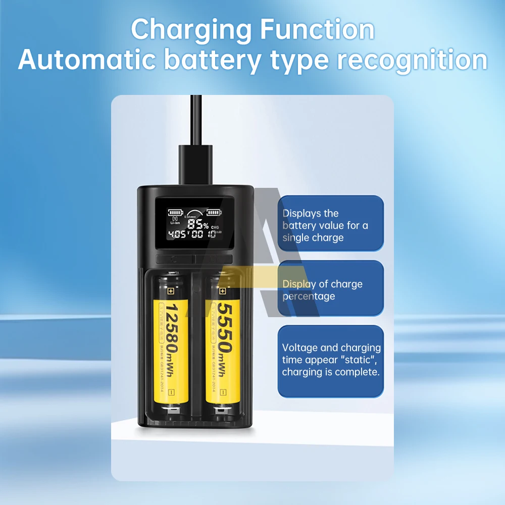 18650 21700 A AA AAA Battery Charger LCD Display 2 Slots Smart Charger for Li-ion Ni-MH Ni-CD 26650 22700 5V/2A Type-C USB Batte