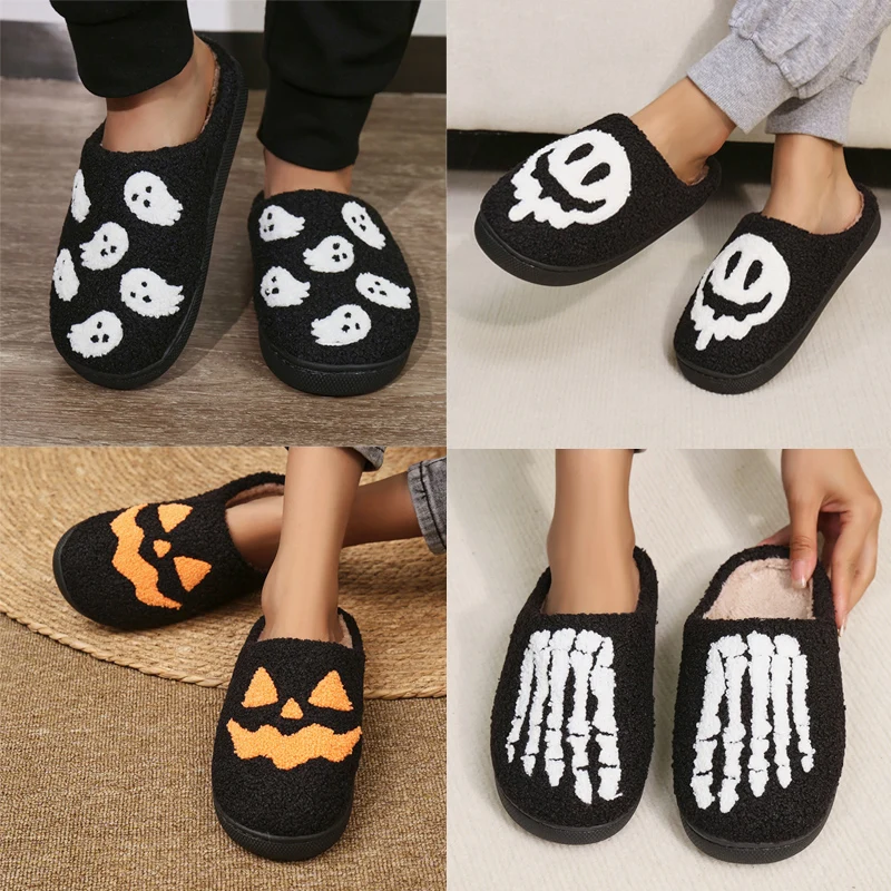 Halloween Funny Casual Fluffy Slippers Women House Flats Cute Cartoon Designer Winter Shoes Girls Fashion Footwear Large Size