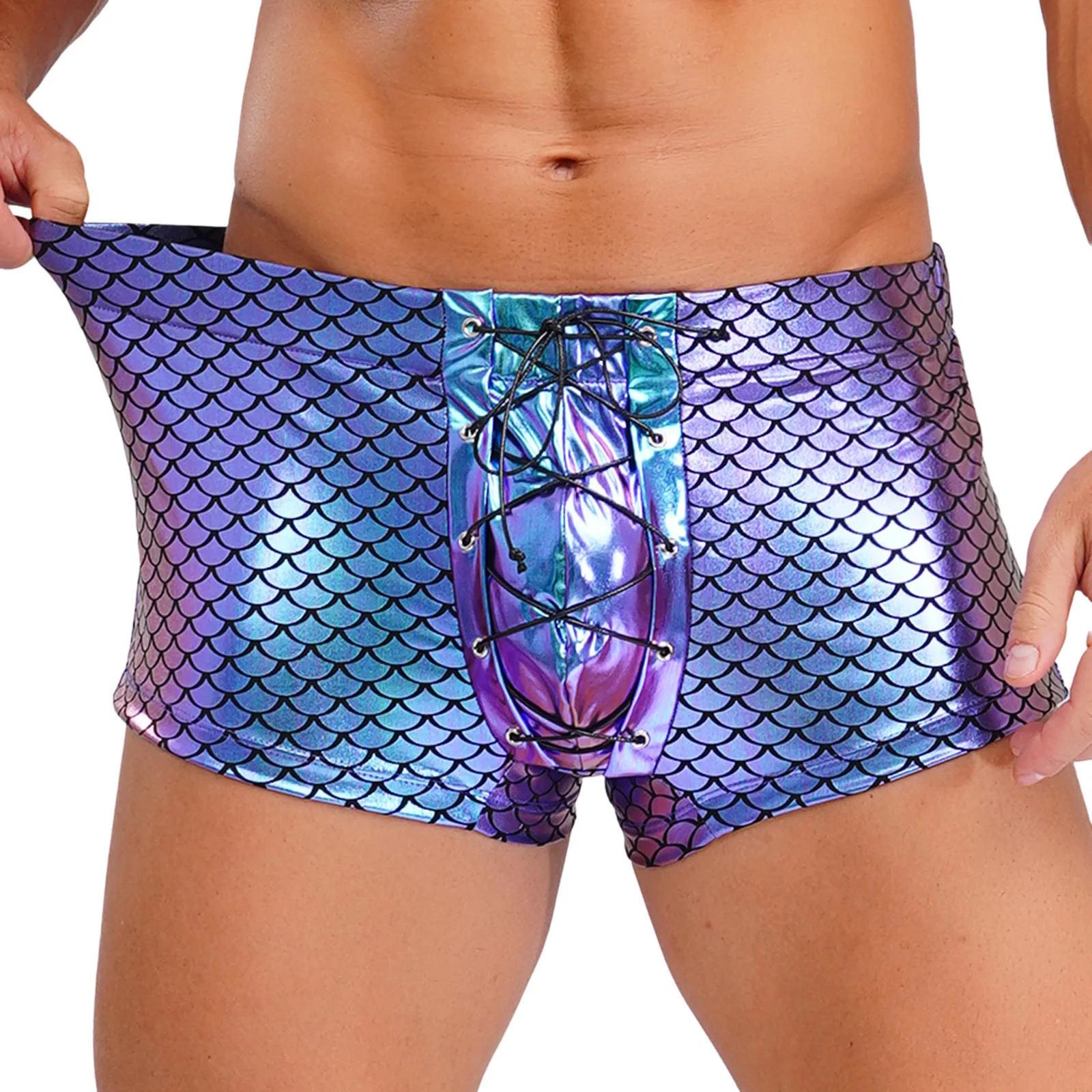

Mens Shiny Fish Scales Print Shorts Underwear Elastic Waistband Lace-up Boxers Shorts Nightclub Rave Party Pole Dancing Clubwear