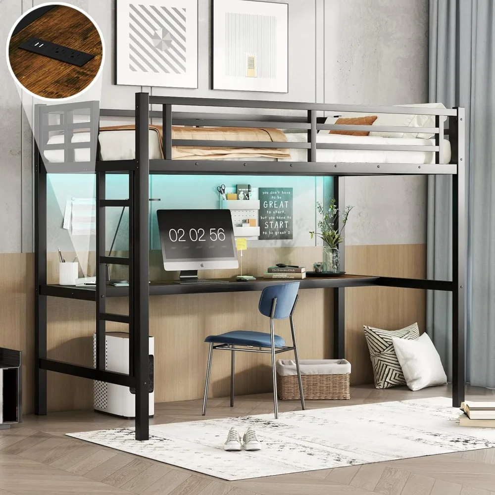 Twin XL Size Loft Bed with Desk, Metal High Loft Bed with LED Lights, Charging Station, Twin XL Loft Bed Frames, Space Saving