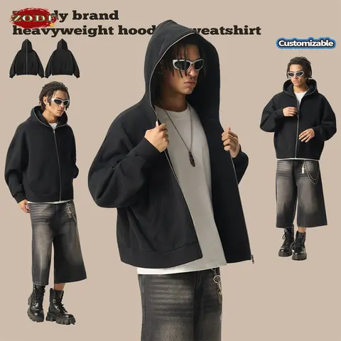 ZODF 2025 Vinter Herr 350gsm Fleece Hel Dragkedja Hoodies Unisex Lös Passform Punk Style Varma Huvade Boxiga Kappor Ytterkläder HY0047 10 best sales huvtröja med boxig passform - №1