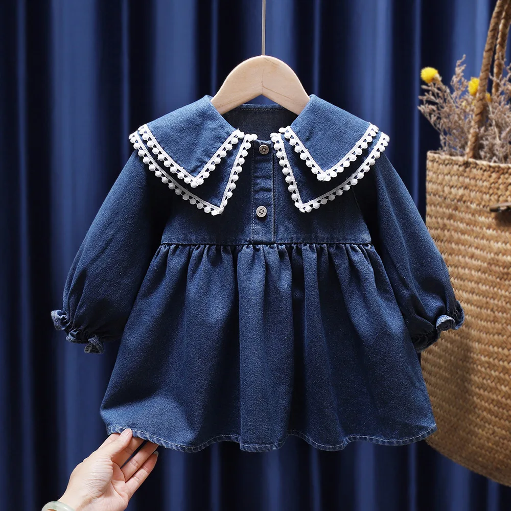 

Little Girl Denim Dress Spring Autumn Lace Patchwork Collar Ruched Long Sleeve High Quality Children Girls Dress Baby Girl Dress