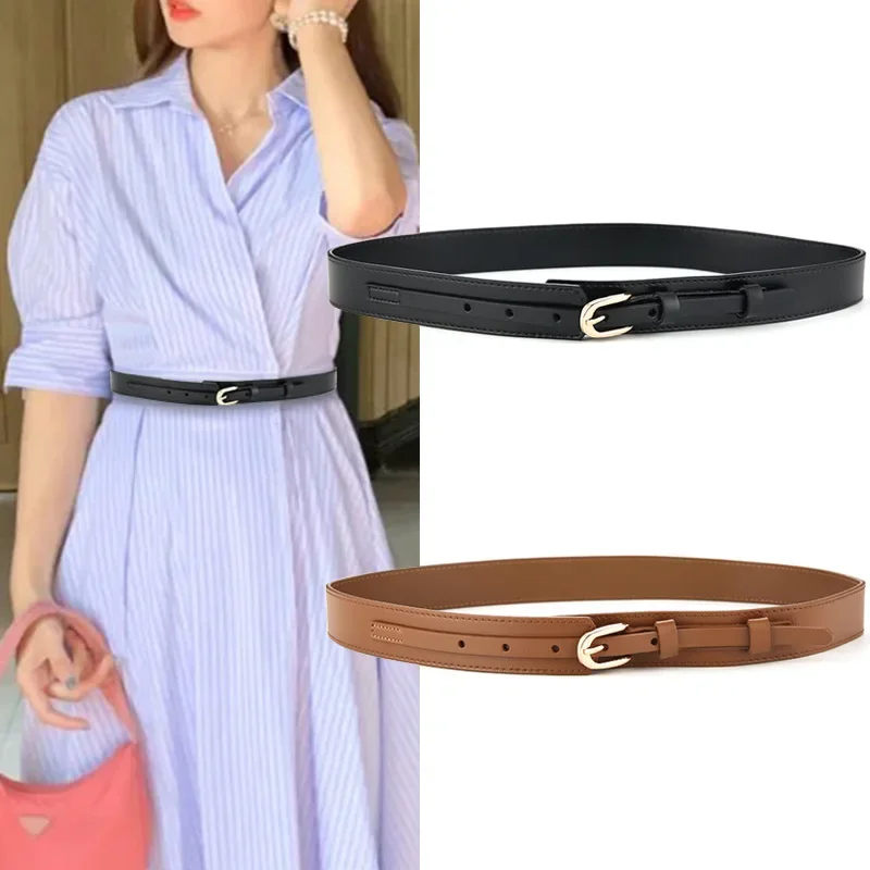 

Elegant Women's Belt with Gold Double Round Button Head Versatile Daily Skirt Jeans Decoration Trendy Women's Belt