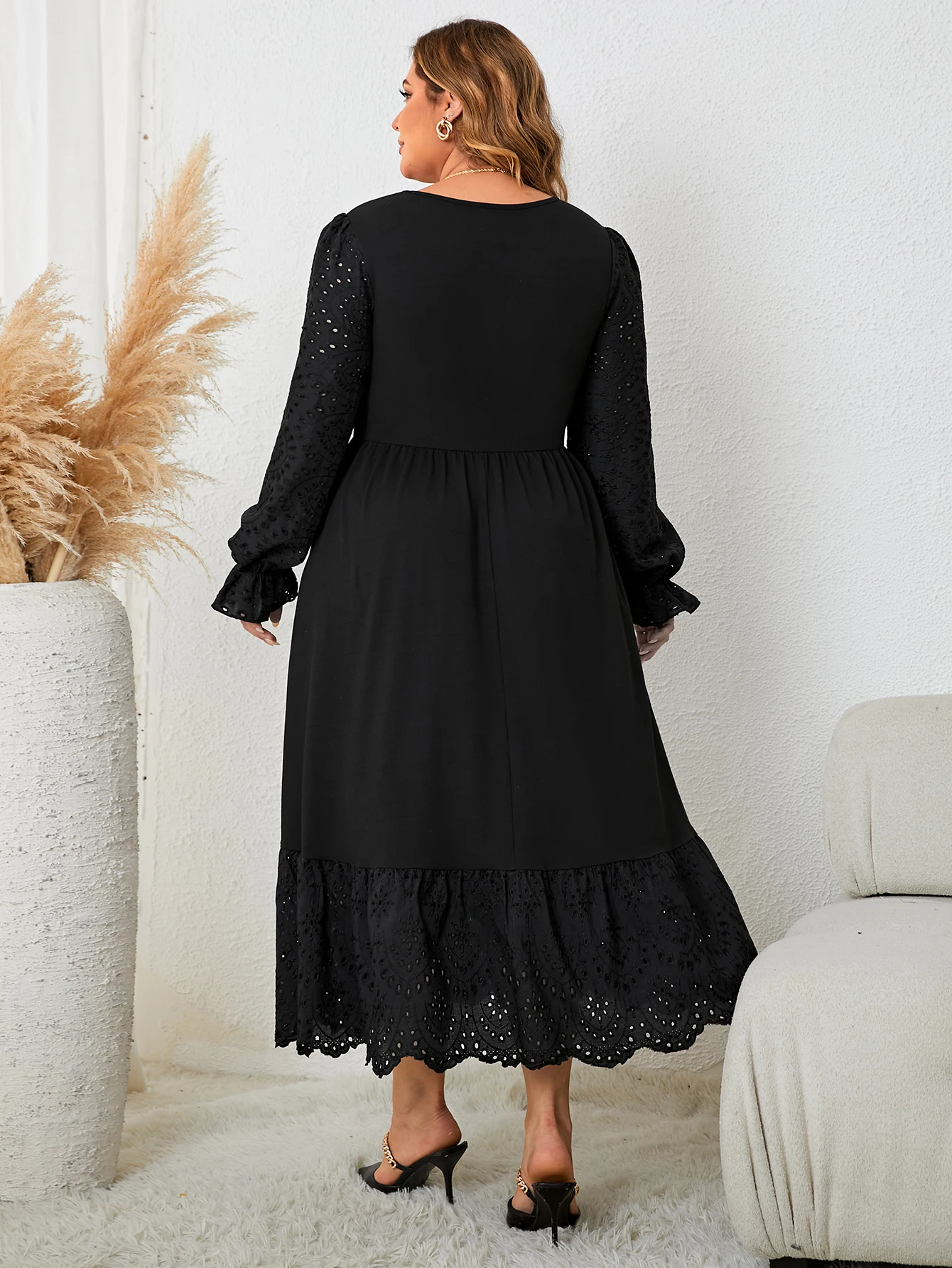 Black Elegant Women's Dresses Casual Hollow Puff Long Sleeve Plus Size Maxi Dress Lady Party Evening Clothing Large Size Dress