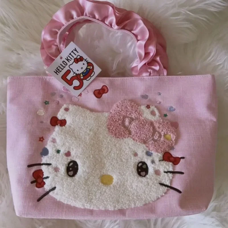 

Anime Sanrio Kawaii Hellokitty Cartoon Lace Embroidery Handbag Pink Exquisite Accessories Student Young Girl Birthday Gift Cute