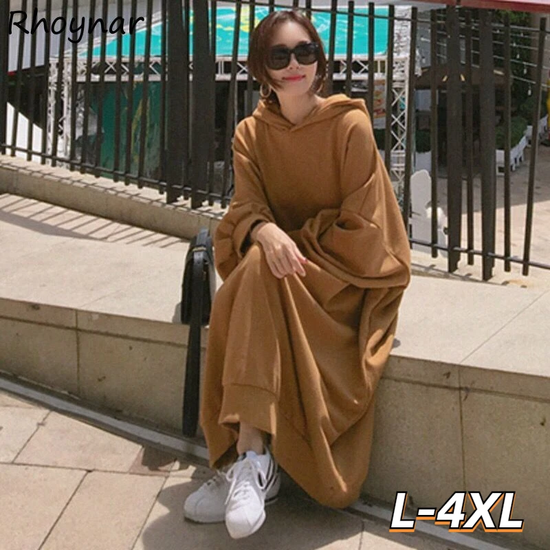 

Hooded Dress Women Simple Solid Baggy Autumn Preppy Girls Casual Loose Long Sleeve Pregnant Fashion Streetwear Korean Style Ins