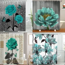 Turquoise Shower Curtain Waterproof Blue Flower Floral Teal With Roses Watercolor Colorful Abstract Black Home Decor Hooks Set