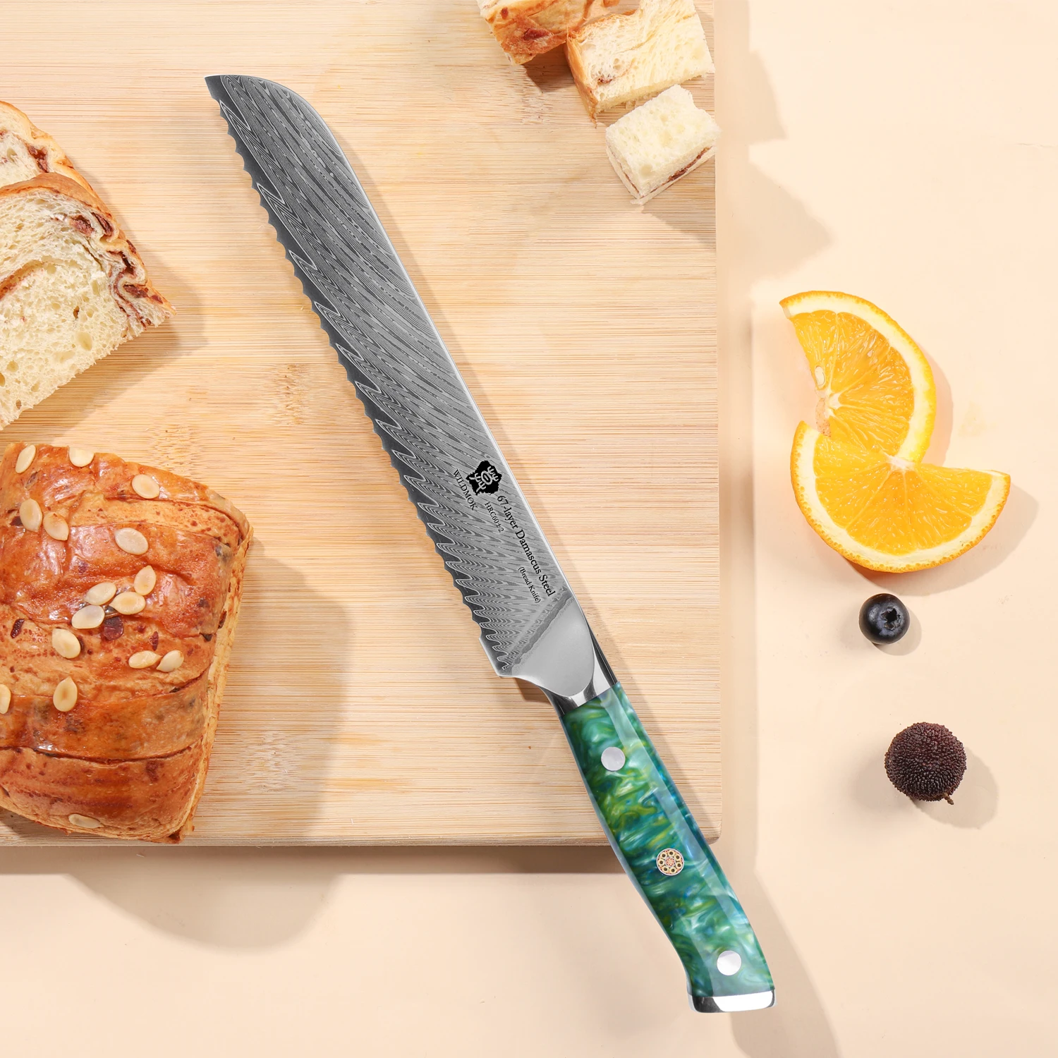 WILDMOK 8 Inch Serrated Bread Knife 67 Layer VG10 Steel Durable Resin Handle Kitchen Baking Bread Slicer Cutting Tool
