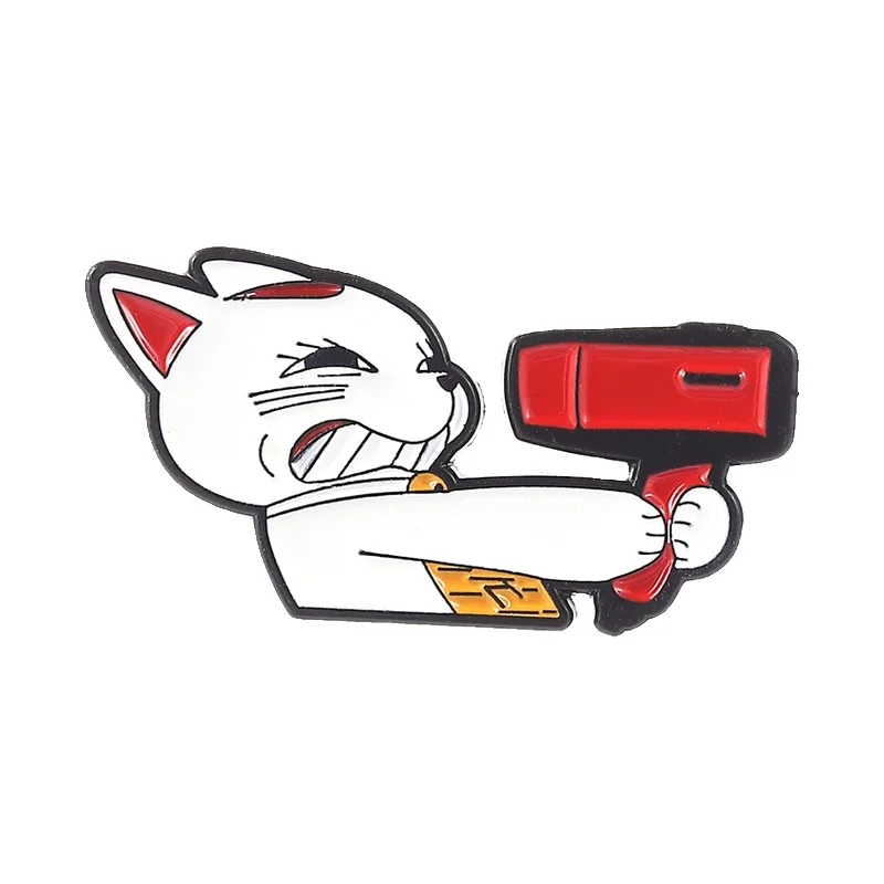 

Anime Turbo Granny Cat Brooch Enamel Pin Fierce Cat Holding A Red Hair Dryer Brooches Lapel Badge Funny Jewelry Gift for Friends