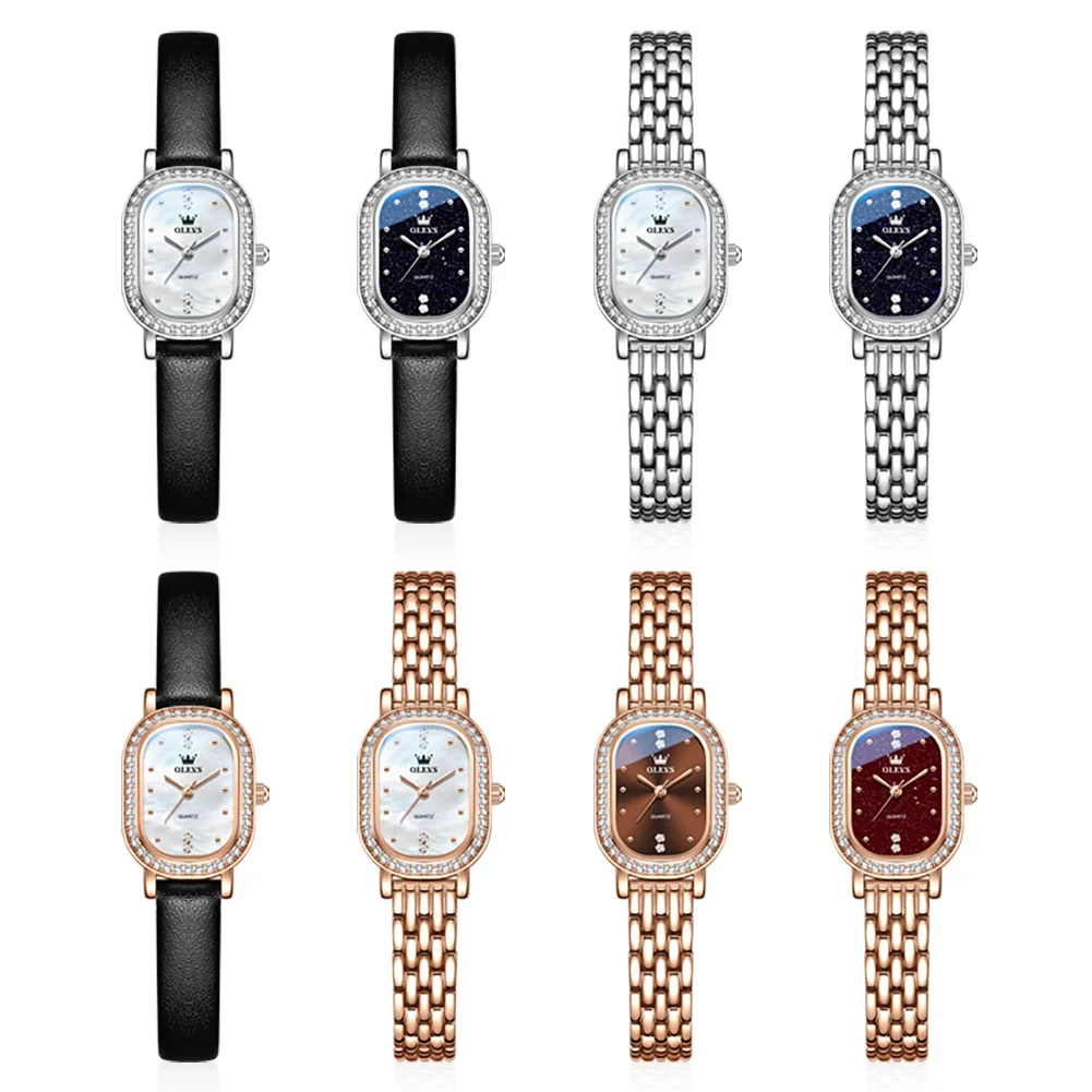OLEVS Luxury Women's Watch Oval Crystal Bezel Slim Quartz Wristwatch For Ladies Leather Steel Elegant Multicolored Clock 5697