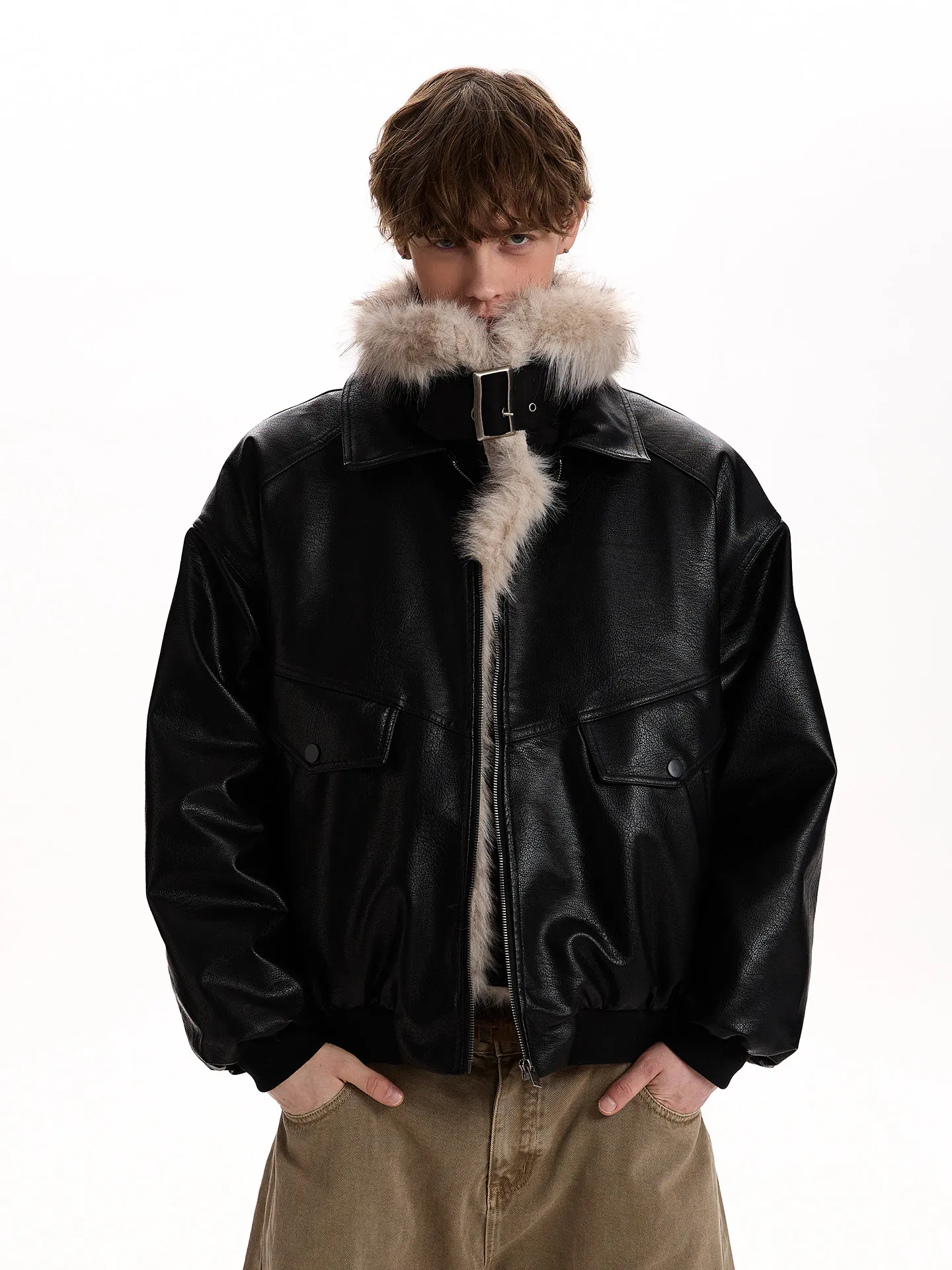 

American Retro Thickened PU Leather Jacket Men's Winter Warm Loose Outerwear with Fur Collar Zipper Closure Casual Coat