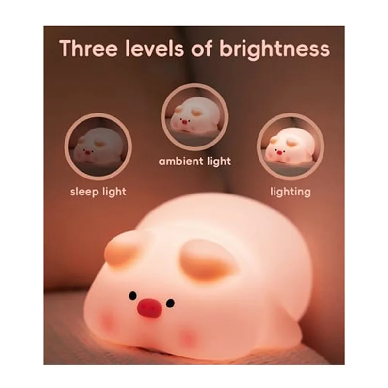 GOOD-Piggy Night Light,Piggy น่ารักโคมไฟ 3 ระดับหรี่แสงได้ Night Light 30 นาที Nightlight สีชมพูสําหรับห้อง