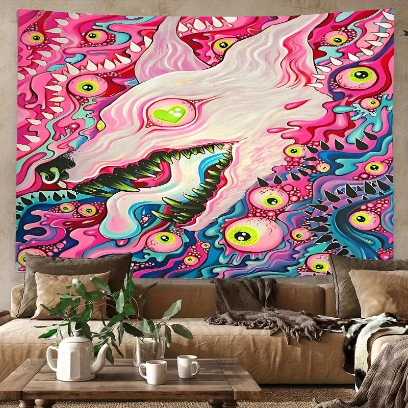 Psychedelic Wolf Tapestry Trippy Pink & Green Monster Art Wall Hanging Surreal Acid Aesthetic Decor Cool Dorm Room Boho Tapestry