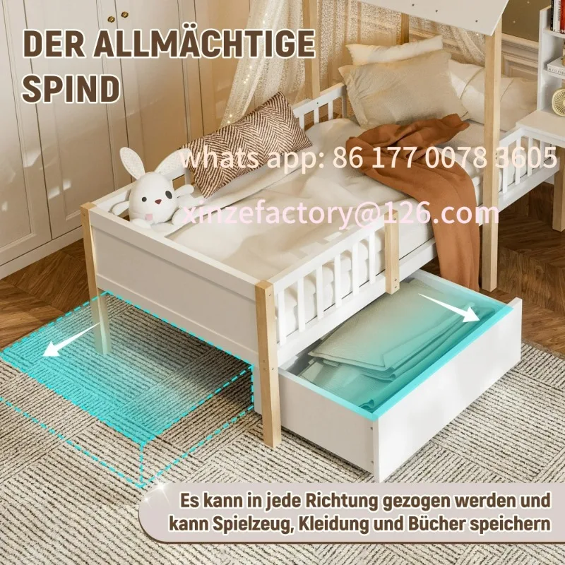 سرير أطفال قابل للتخصيص مقاس 90 × 200 سم مع قاعدة شرائح للسكك الحديدية الآمنة - مكتب على شكل حرف L، رف كتب، أدراج دوارة من الخشب الصلب متعدد الوظائف #4