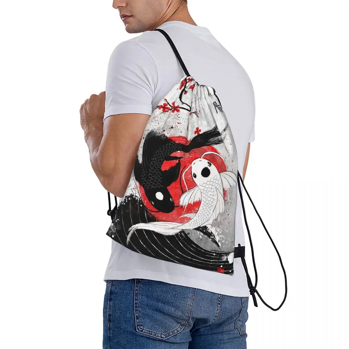 Koi Fish-mochila portátil con cordón para estudiantes, bolsa informal para artículos diversos, viaje, Yin Yang