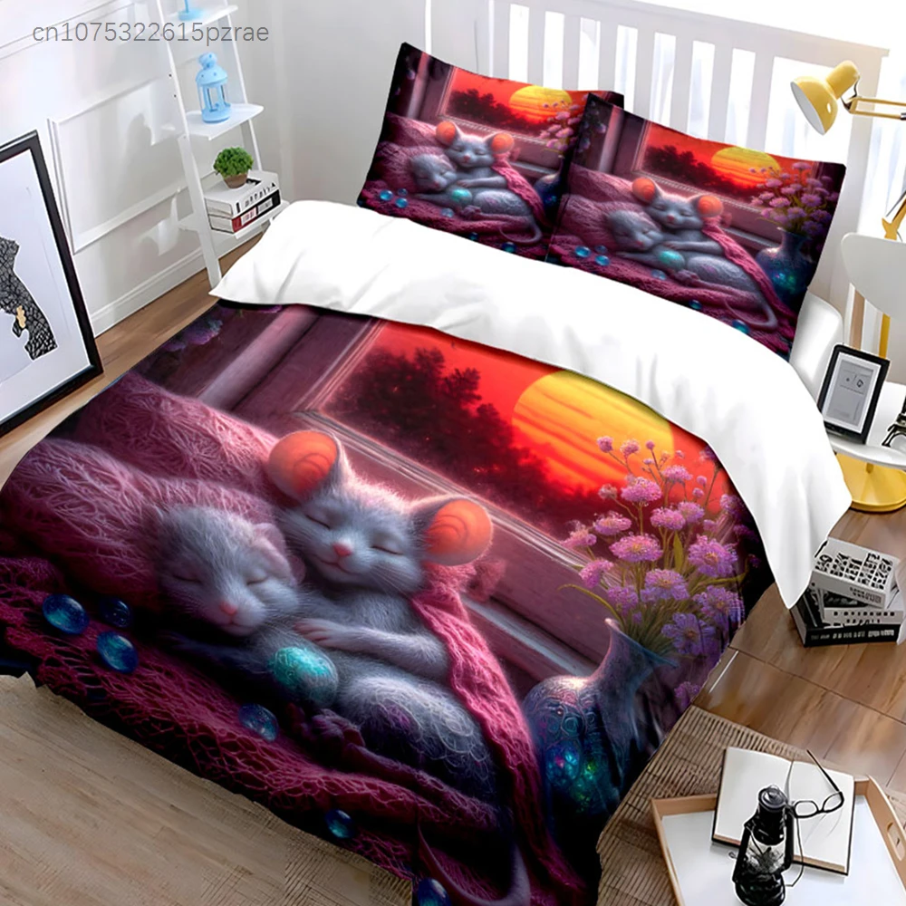Cute Mouse Sunset Decor Set, Multiple Sizes kid's And adults' Bedroom Exquisite 3PC Bedding set, Gift