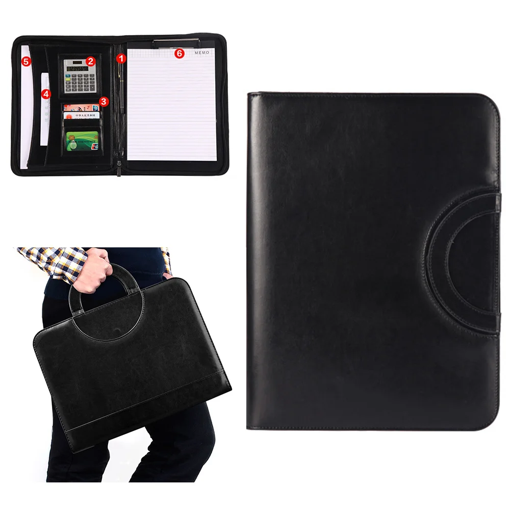 

A4 Pu Zipper Portfolio Multifunctional Business Office Organizer Calculator Pen Loops Pockets Document Case Black