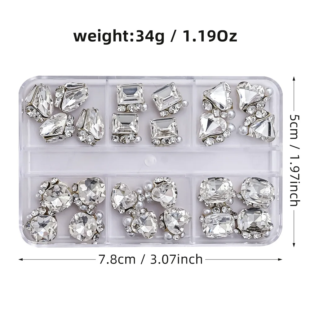 24 Uds. De dijes apilados de diamantes de imitación para uñas, corazón, formas cuadradas regordetas, decoraciones de uñas de lujo brillantes para diseño de manicura