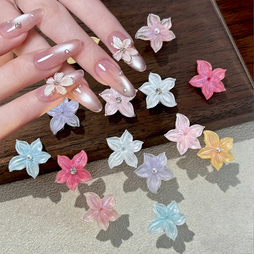 30pcs 13MM Colorful Glitter Soft Carved Flower Nail Charms 3D Ice-clear Lily Magnolia Blossoms Nail Accessories DIY Crafts Nails