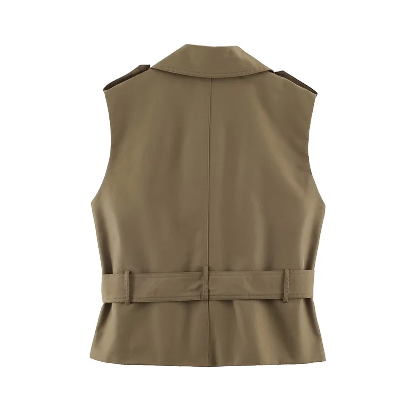 Guobioziy 2026 Summer New Women's Vest Deep Khaki Sleeveless Belted Decorative Waistcoat Vest Commuter Fashion Trendy Style