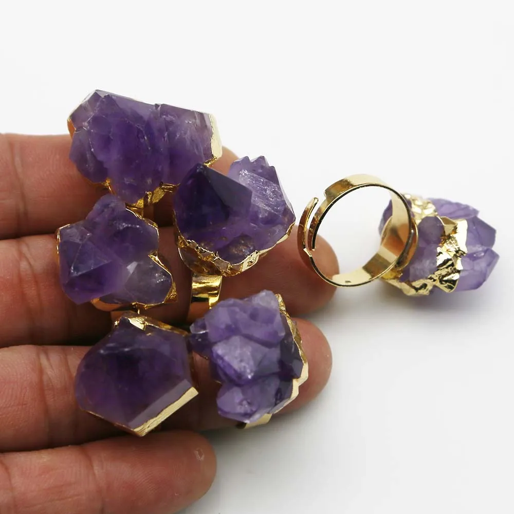 Natural Stone Amethyst Irregular Opening Rings Cluster Rough Gold Plated Women Reiki Charm Healing Personality Jewelry Gift 8Pcs