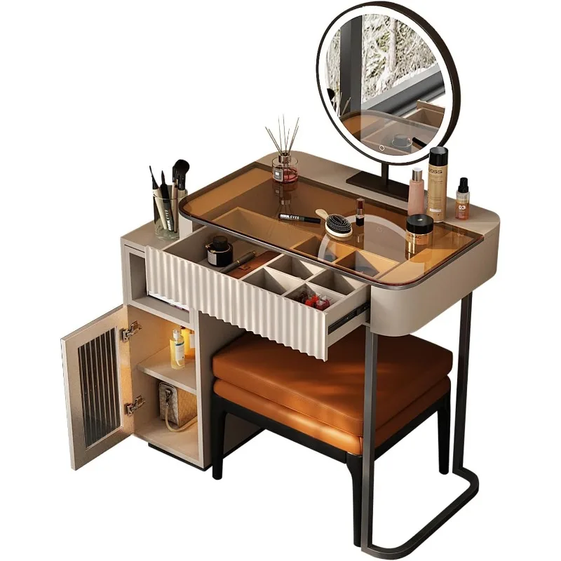 

Vanity, with LED Makeup Mirror, Three Adjustable Light Levels, Tempered Teal Glass countertop,White Wax Wood Makeu