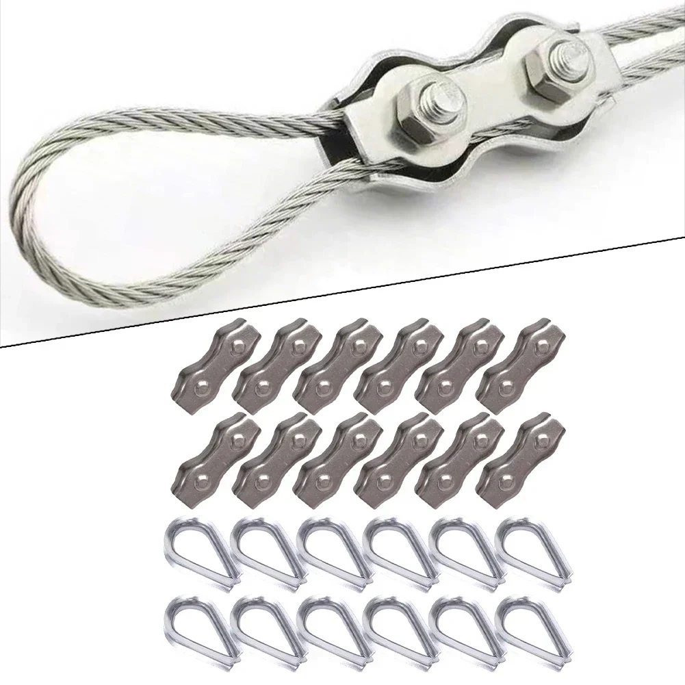 12PCS Duplex Clamp And Wire Rope Thimble Kit 304 Stainless Steel Rope Clip Comprehensive Set Secure Ropes Steel Wire Washing