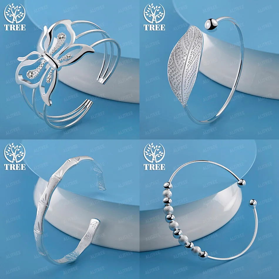 

Luxury 925 Sterling Silver Bamboo Butterfly Beads Leaf Round Open Bangles Women Birthday Party Pretty Jewelry Gift Accessories