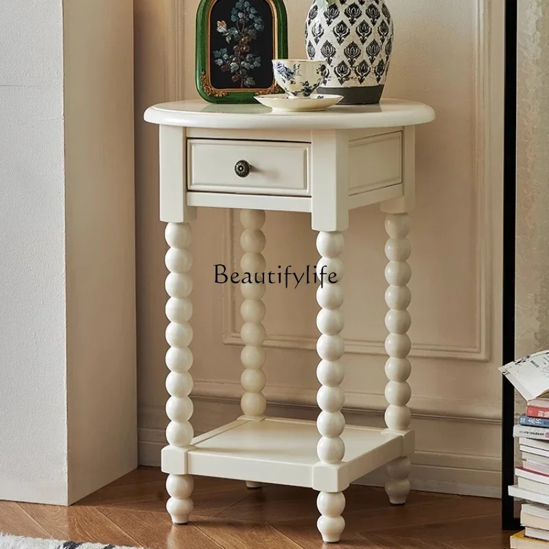 

Z.French cream style solid wood round few living room sofa side cabinet corner few white high and low solid wood flower stand