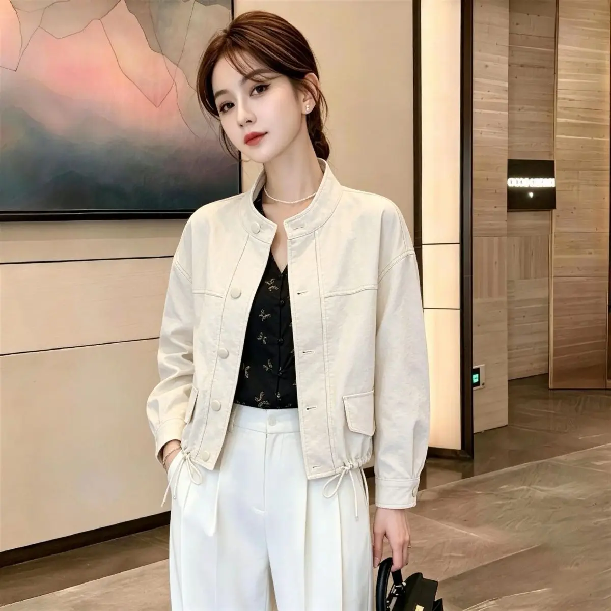Fashion Coat Women's Spring Autumn New Stand-up Collar Tooling Jacket Ladies Short Popular Outwear Casual Exquisite Overwear Top