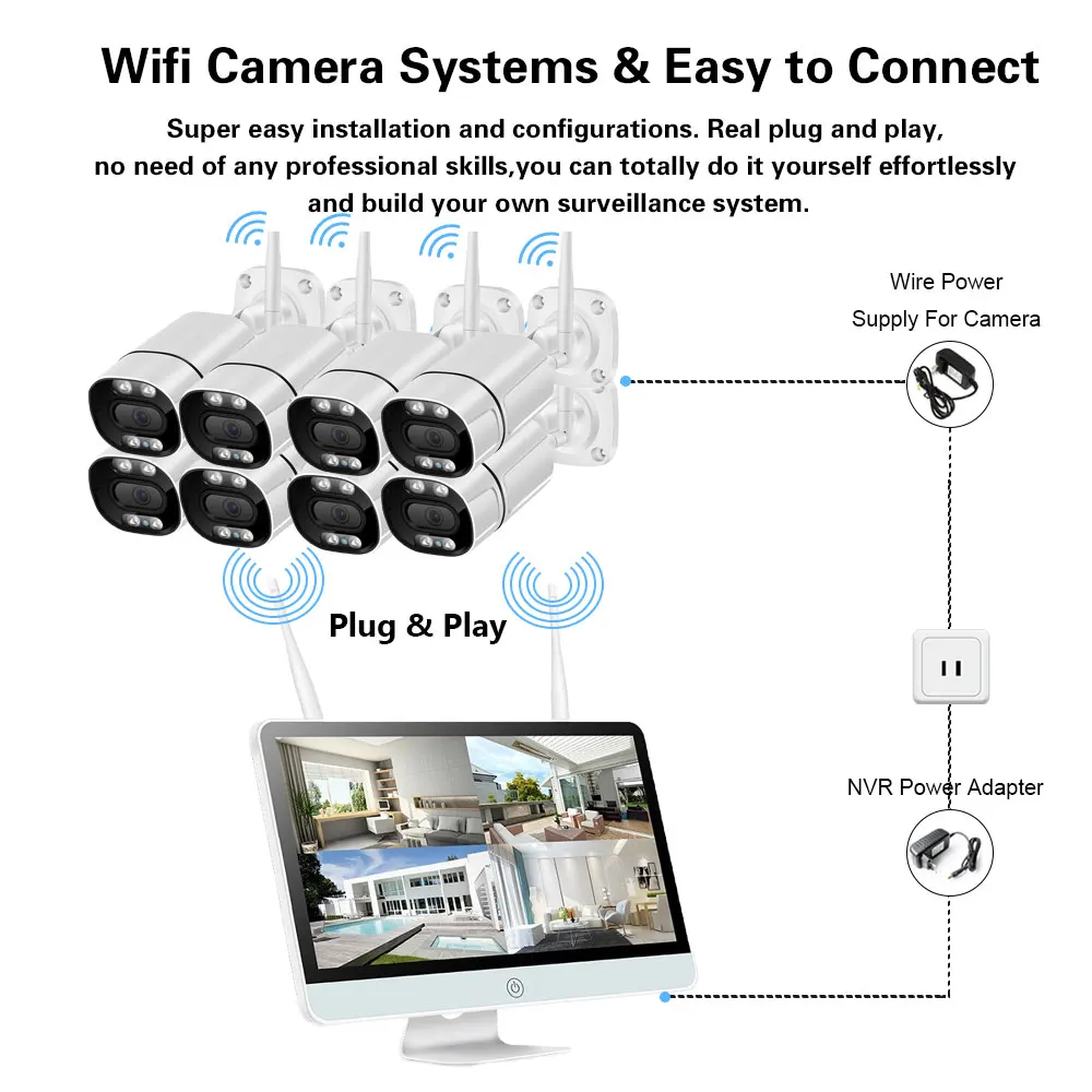 CCTV Security System Set, Monitor, Kit Câmera NVR, Bala Sem Fio, Vigilância por Vídeo, 2-Way Audio, 5MP, 8CH Monitor, 4CH