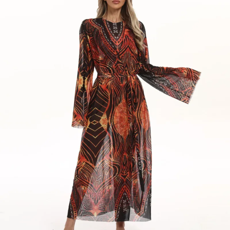 女性用日焼け止めメッシュカバーアッププリントビーチスモックドレスヴィンテージファッションカジュアルワンピースロングスタイル軽量カバーシャツ