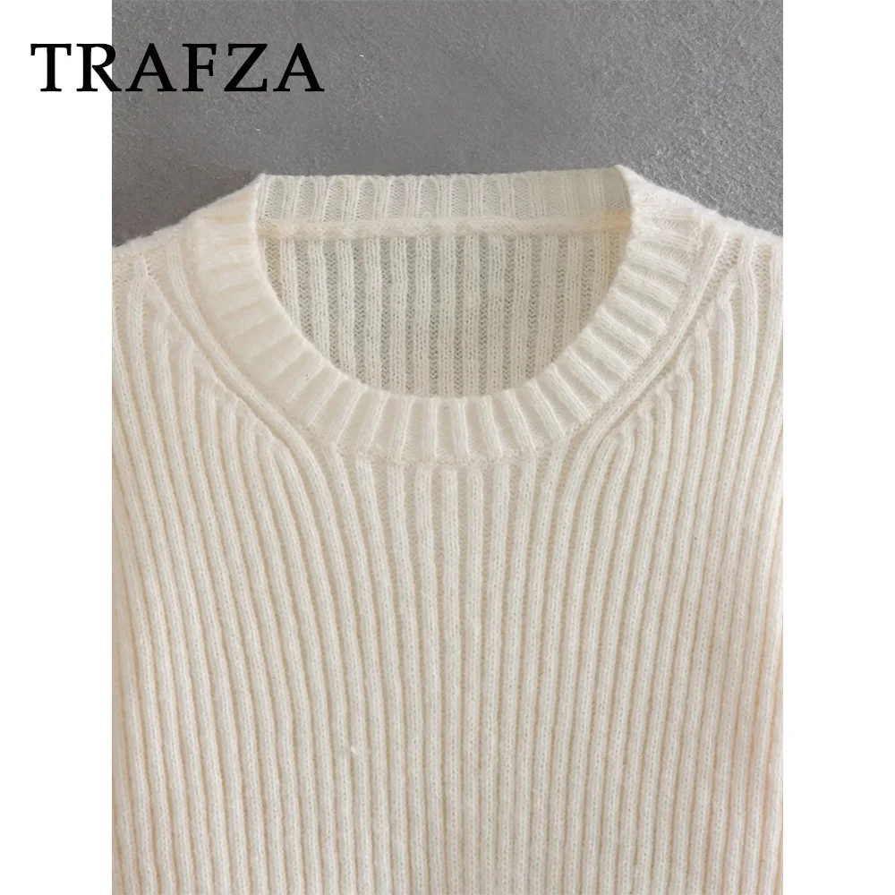 TRAFZA 2023 Autumn Women Knitted Solid Casual Shirt Fashion Winter Loose Stripe O Neck Streetwear Elegant Frayed Straight Blouse