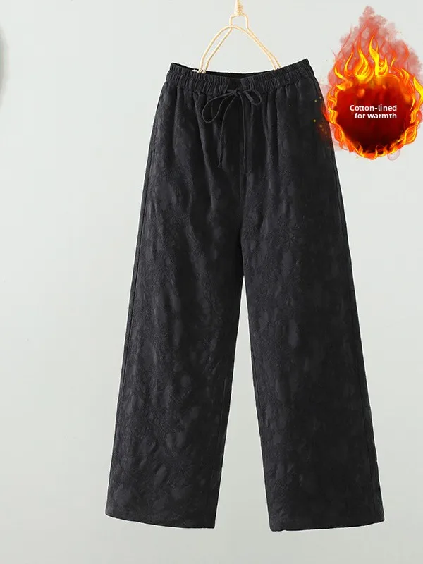 2025 جديد غير رسمي الفني واسعة الساق سراويل قطنية عالية الخصر الحرارية المرأة حجم كبير التخسيس مستقيم الساق بنطلون