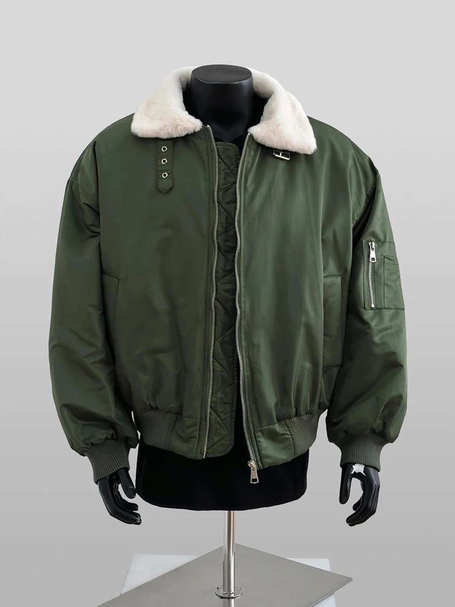 

Утепленная зимняя куртка-бомбер мужская в военном стиле с воротником из овечьей шерсти, хлопковая, теплая, повседневная, с длинными рукавами, на молнии