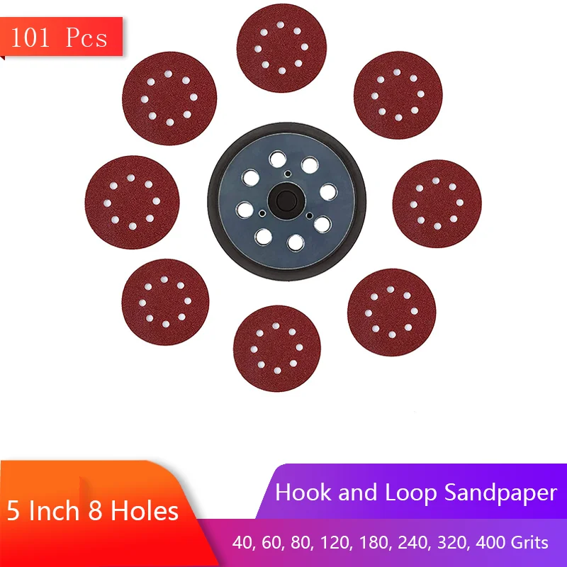 

5 Inch 8 Holes Sanding Discs Hook and Loop Assorted 40/60/80/120/180/240/320/400 Grits with Sander Pads for Polishing Rubber