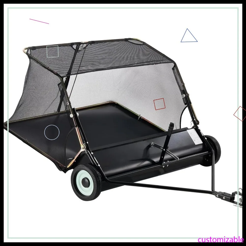 

52-дюймовая прицепная подметальная машина для газонов, 26 куб. футов Садовый сборщик листьев и травы большой вместимости с регулируемой высотой щетки и тросом для опрокидывания.