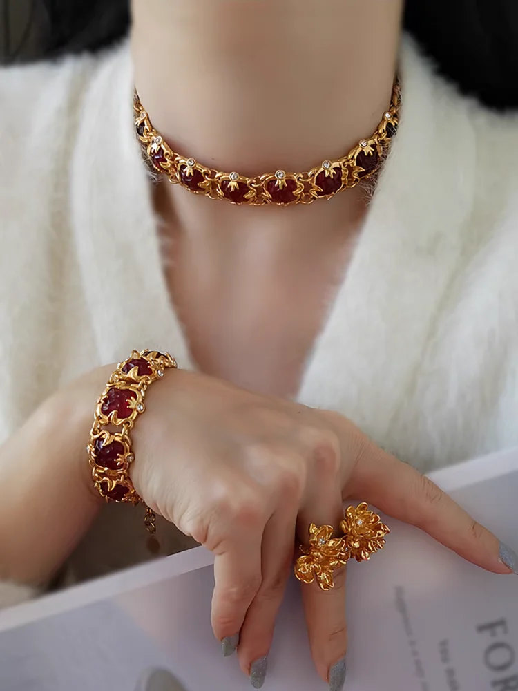 

Brass With 18K Gold Chunky Red Resin Bracelet Choker Women Jewelry Designer T Show Runway Gown Rare INS Japan Korean Trendy