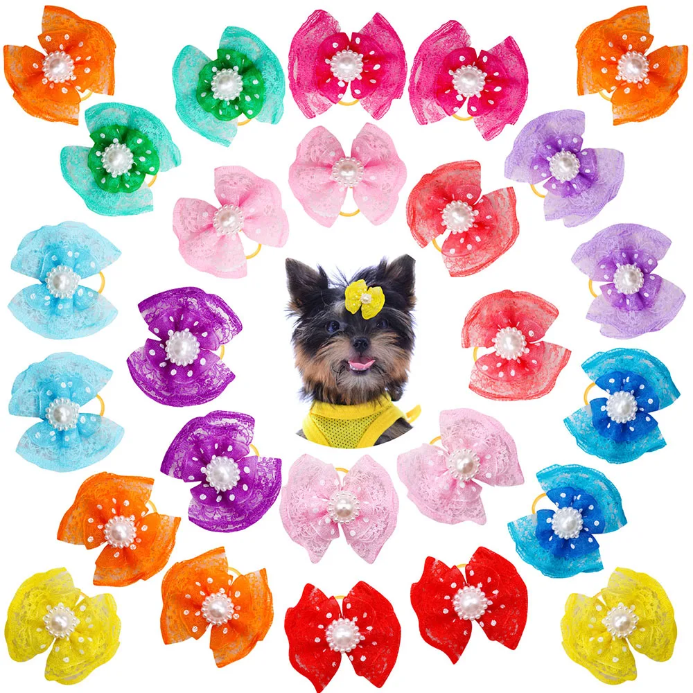 100pcs Bulk Pet Dog Hair Accessories Dog Hair Bows with Diomand Lace Rubber Band Grooming for Small Dogs Puppy Bows Pet Supplies