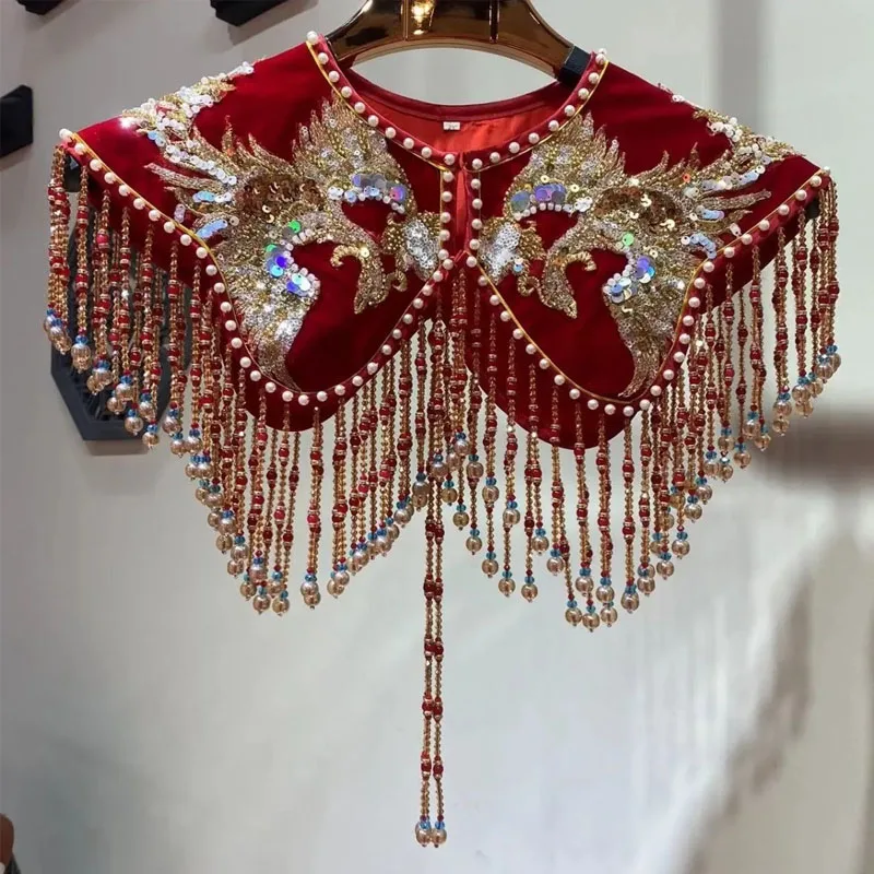 

Chinese Traditional Hanfu Tassel Shawl Bride Velvet Red Rhinestone Wedding Accessories Sequin Embroidered Beading Fringed Shawl