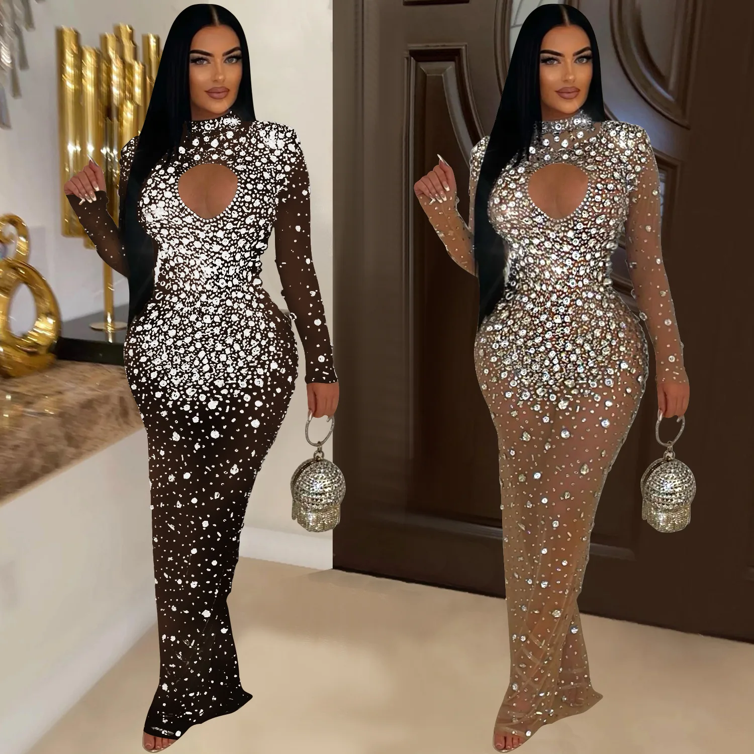 Sexy Diamond Party Dress Sheer Luxury manica lunga Robe Women Club Bodycon One Piece Dress 2024 elegante sera compleanno abbigliamento