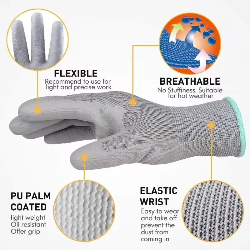 20 قطعة قفازات العمل السلامة بولي Palm النخيل المغلفة المضادة للانزلاق قفازات منزلية رمادي البستنة البستنة العمل إصلاح قفازات واقية
