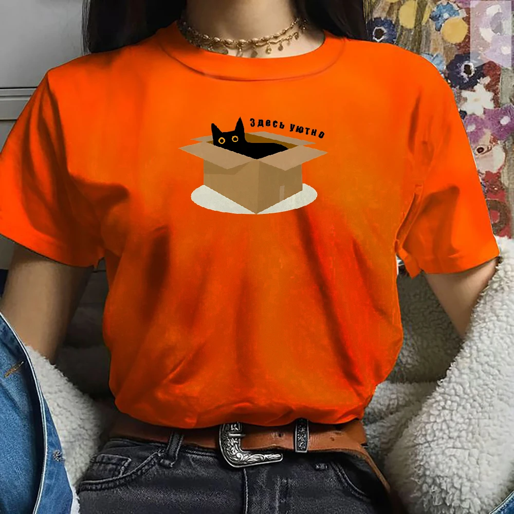 

Cotton Casual Women‘s T-Shirt Short Sleeve Round Neck Fitted Colorful Cute Cartoon Black Cat In Box There Is Comfortable