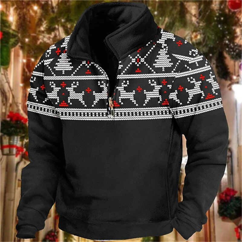 Christmas Elk Printed Half Zip Long Sleeve Sweatshirts Fall Men's Pullover Fashion Stand Collar Loose Tops X'mas Vintage Clothes
