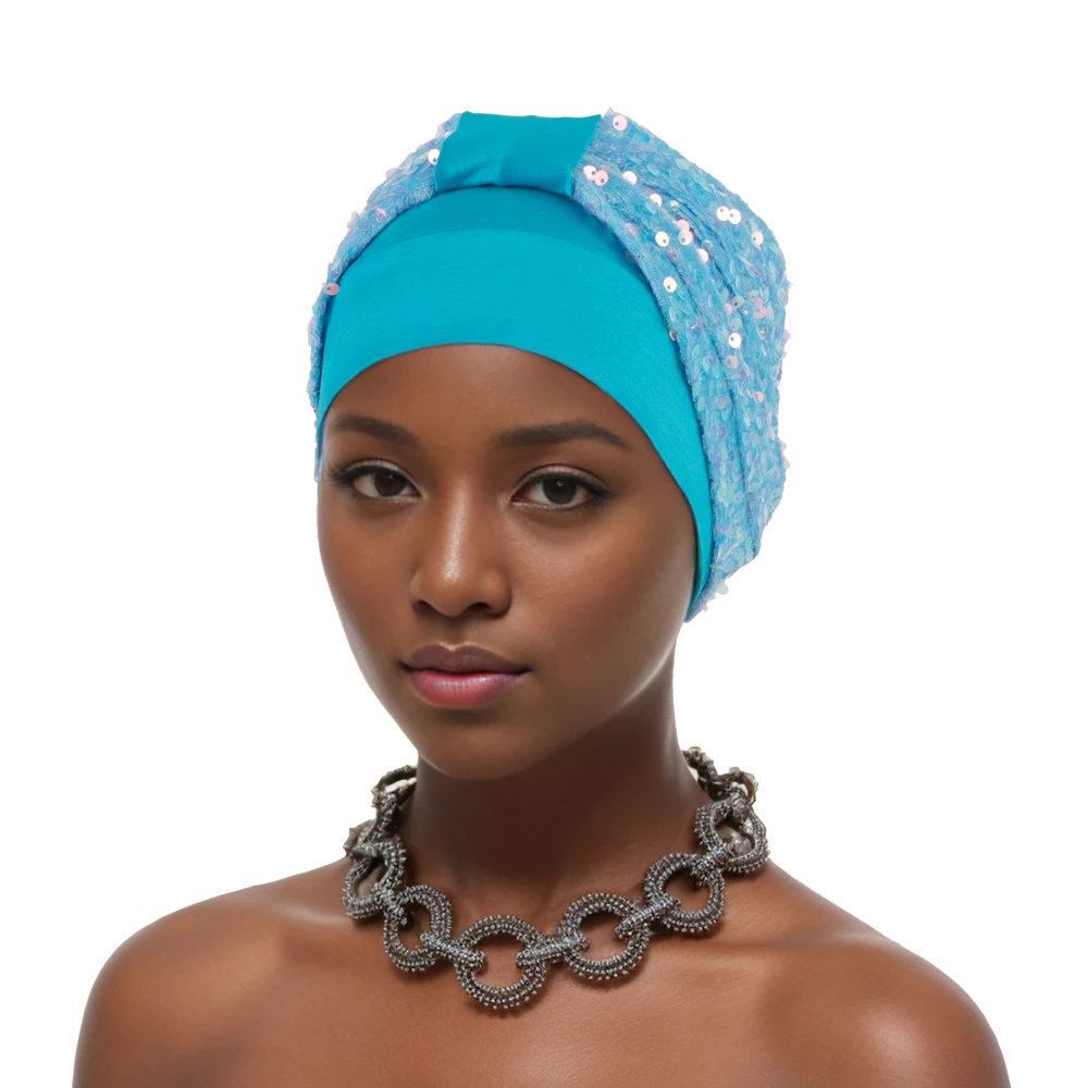 Afrcian Lady Head Wraps  Sequins Turban Cap for Women Muslim Turbans Hat Nigeria Headwear Headtie Turbante Mujer