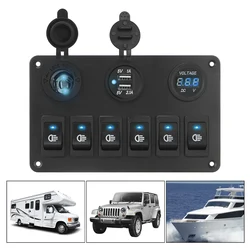 LED Digital Voltmeter Waterproof 6 Gang Rocker Switch Panel Dual USB Ports DC 12V/24V ON/OFF Lights Car Marine Circuit Breaker