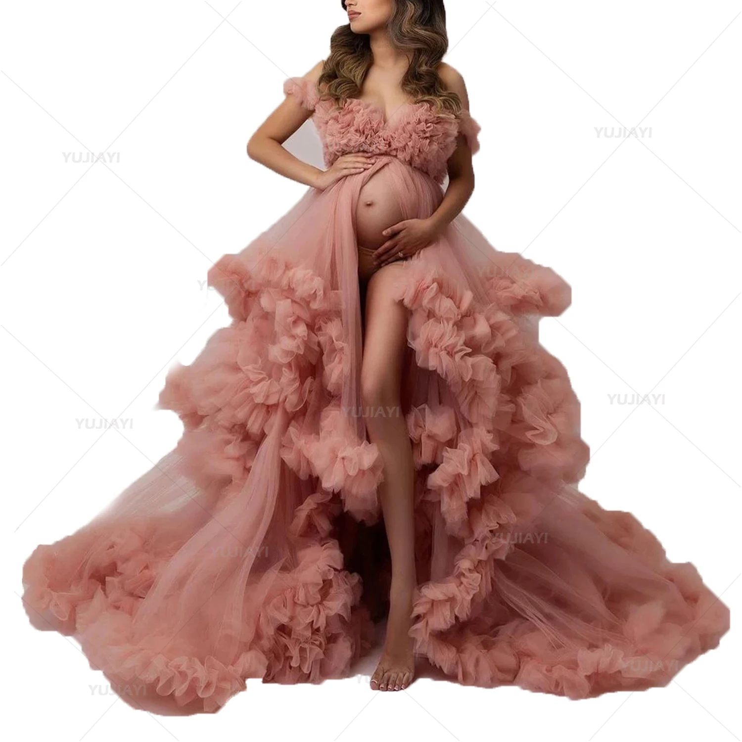 Tiered Ruffles Maternity Robes Sheer Fluffy Tulle Robe Bridal Boudoir Loungewear Sleepwear Nightgown Maternity Dress Photo Shoot