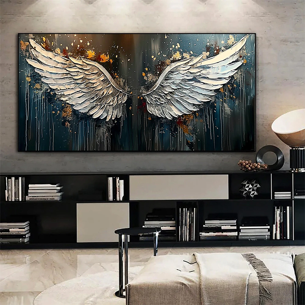 1 pieza de pintura al óleo sin marco de alas de ángel, lienzo grande para pared, arte abstracto de alas blancas, pintura minimalista para decoración del hogar