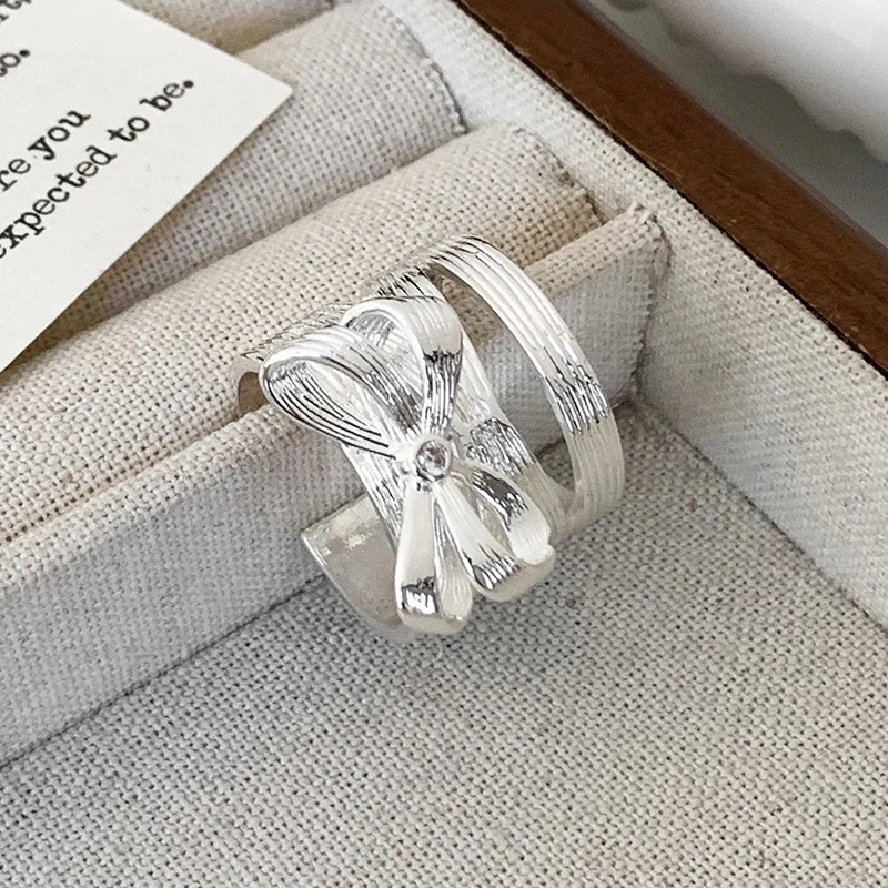 الفضة تصفيح الزركون خط Bowknot افتتاح خواتم للنساء الحد الأدنى لطيف الأزياء والمجوهرات شخصية الملحقات