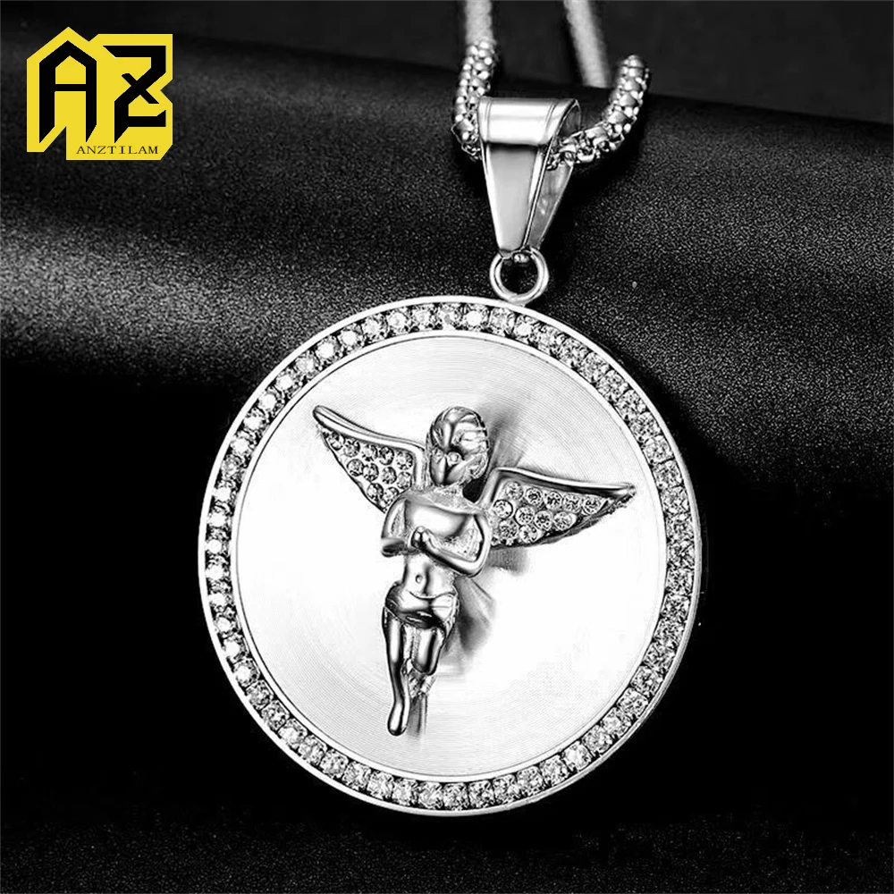Anztilam Angel No Fade 316L Stainless Steel Iced Out Pendant with Long Link NK Chain Necklaces for Women Men Hip Hop Jewelry